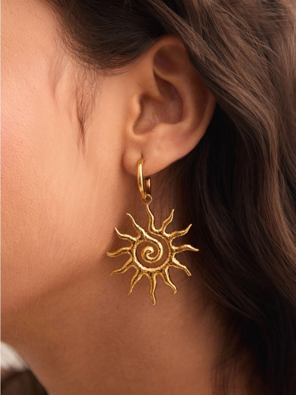 Gold Sun Spiral Drop Earrings